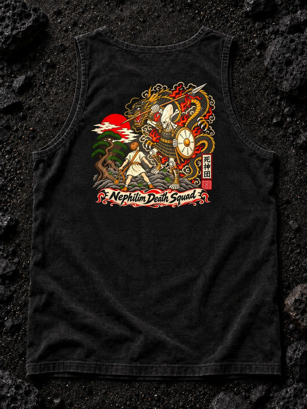 Back of black Nephilim Slayer Tanktop with the David vs Goliath battle print