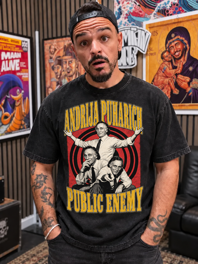 Andrija Puharich Public Enemy graphic with three halftone portraits and red hypnotic rings