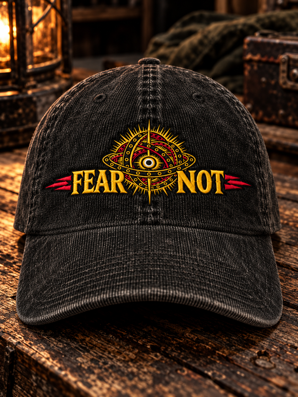 Fear Not World Tour corduroy hat, TopLobsta, Legacy SALT black corduroy cap, red and yellow thread