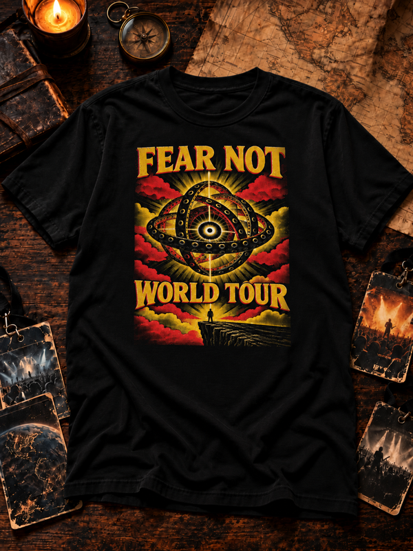 Fear Not World Tour 2.0 T-Shirt by TopLobsta, Regular version on Tultex 202 black tee, Red print, flat-lay