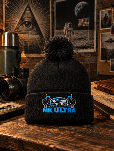 Worldwide MK Ultra Free-Range Chickens pom-pom beanie in black with embroidered headset chickens and globe, TopLobsta
