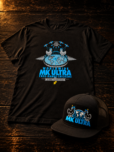 MK Ultra Chickens Pack bundle: black tee and trucker hat with the MK Ultra chickens design, TopLobsta