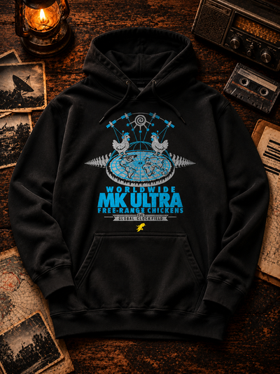 Worldwide MK Ultra Free-Range Chickens Hoodie in black, headset chickens on a flat earth print, TopLobsta flat lay