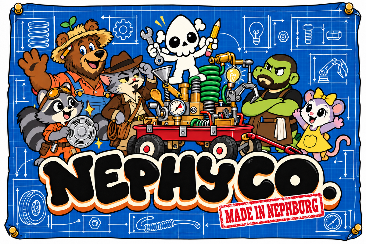 Nephy Co. logo with Nephy and the Nephburg crew, Made in Nephburg