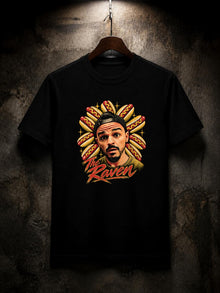 The Raven Hotdogs Nephilim Death Squad graphic t-shirt in black, Tultex 202 classic fit, front hero on a hanger