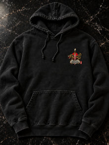 Pepper Nephilim Slayer Embroidered Hoodie front: embroidered Fear Is Faith in Evil sword-and-serpent left-chest logo (the only embroidered part; the back design is printed)