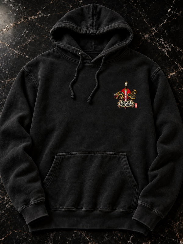 Pepper Nephilim Slayer Embroidered Hoodie front: embroidered Fear Is Faith in Evil sword-and-serpent left-chest logo (the only embroidered part; the back design is printed)