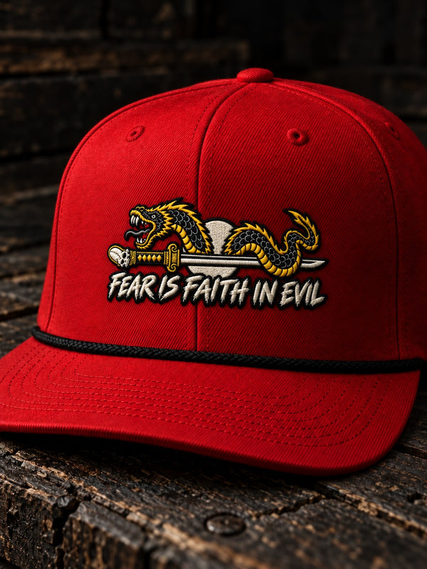 Red and black Nephilim Slayer rope trucker hat with embroidered serpent, katana and FEAR IS FAITH IN EVIL