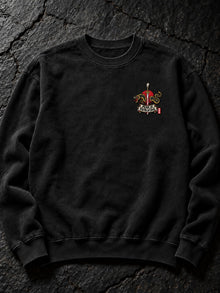 Embroidered Fear Is Faith in Evil left-chest logo (the only embroidered part) on the Pepper Nephilim Slayer Embroidered Sweatshirt
