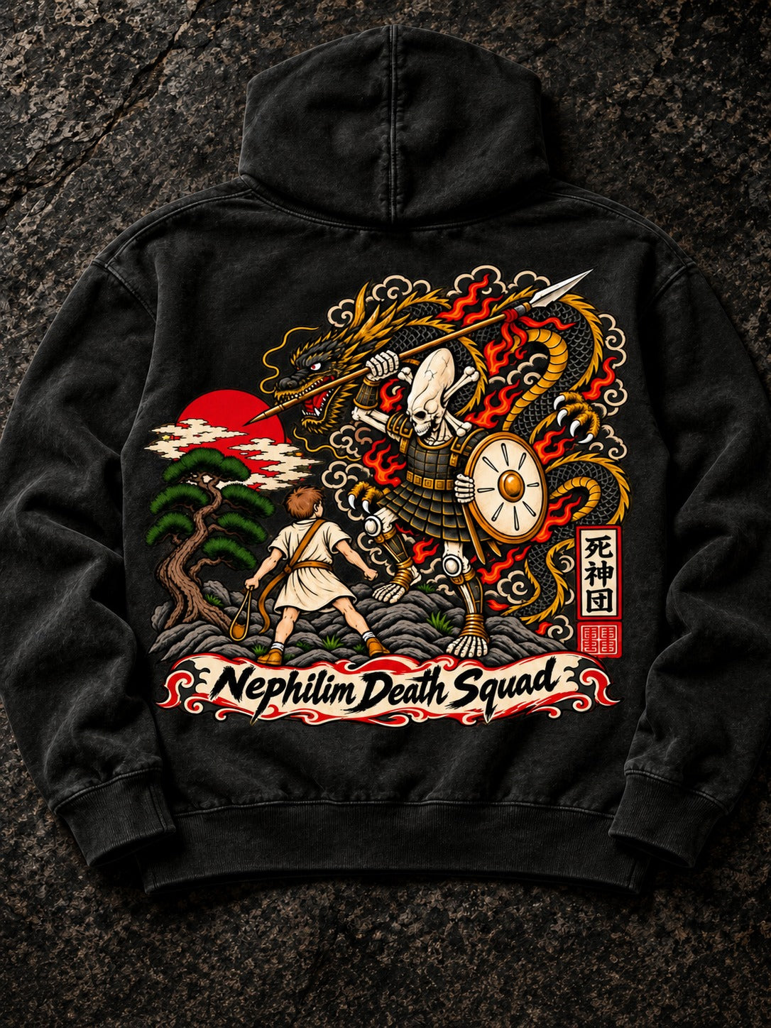 Back of Pepper Nephilim Slayer Hoodie: David vs Goliath giant-slayer battle print with dragon and red sun