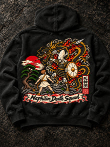 Back of Pepper Nephilim Slayer Hoodie: David vs Goliath giant-slayer battle print with dragon and red sun
