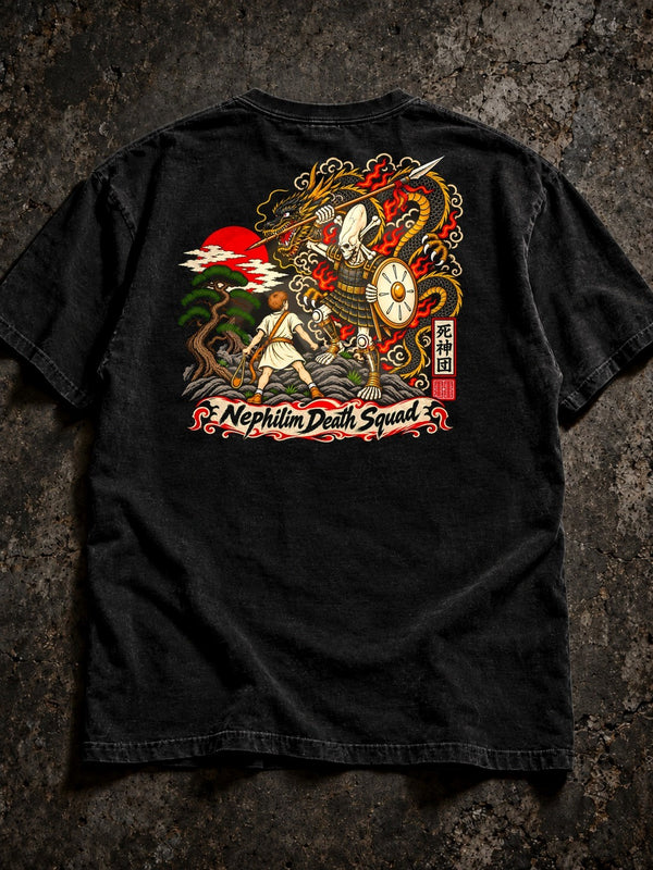 Back of black Nephilim Slayer T-Shirt by Nephilim Death Squad: David facing an armored elongated-skull Nephilim giant and dragon
