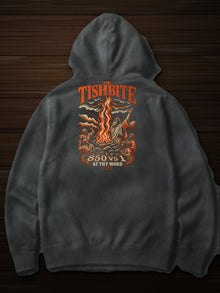 Straight Bible At Thy Word Tishbite 850 vs 1 hoodie in garment-dyed Pepper, back print flat lay on dark wood