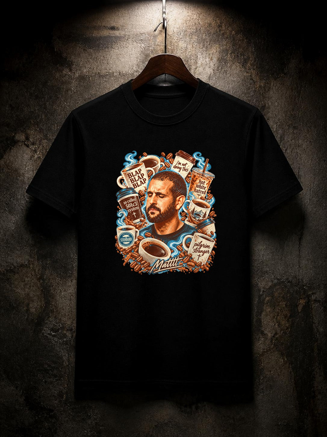 Straight Bible Blap Blap Blap coffee graphic t-shirt in black, Tultex 202 classic fit, front hero on a hanger