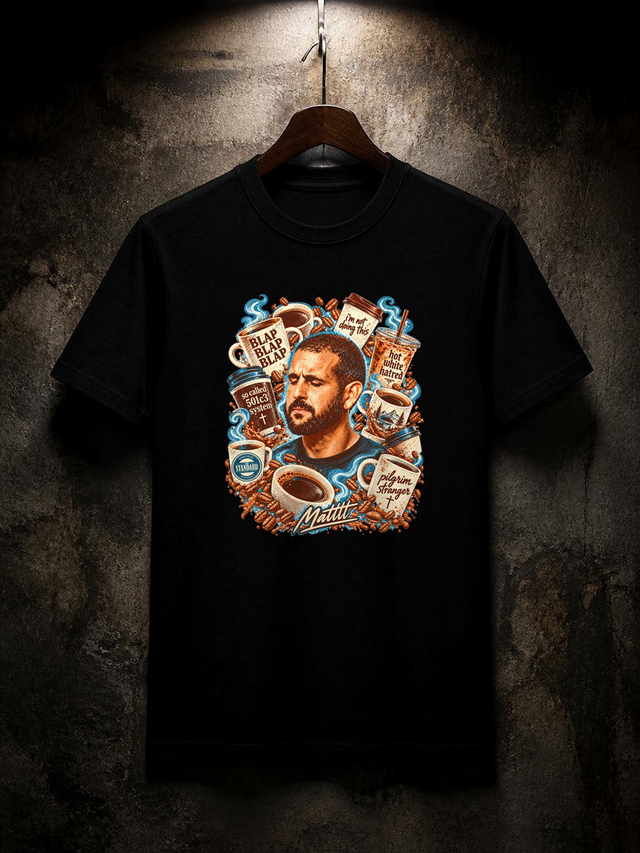 Straight Bible Blap Blap Blap coffee graphic t-shirt in black, Tultex 202 classic fit, front hero on a hanger