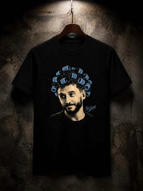 TopLobsta Play With My Emotions bootleg t-shirt in black, Tultex 202 classic fit, front hero on a hanger