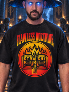 Close-up of the Flawless Doctrine artwork with a flaming open Bible, sword and bold retro lettering.