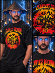 Front view of the Flawless Doctrine Christian graphic T-shirt featuring a flaming Straight Bible emblem.