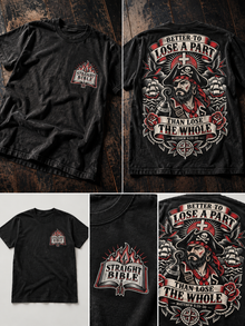Better to Lose a Part Christian pirate T-shirt catalog flatlay