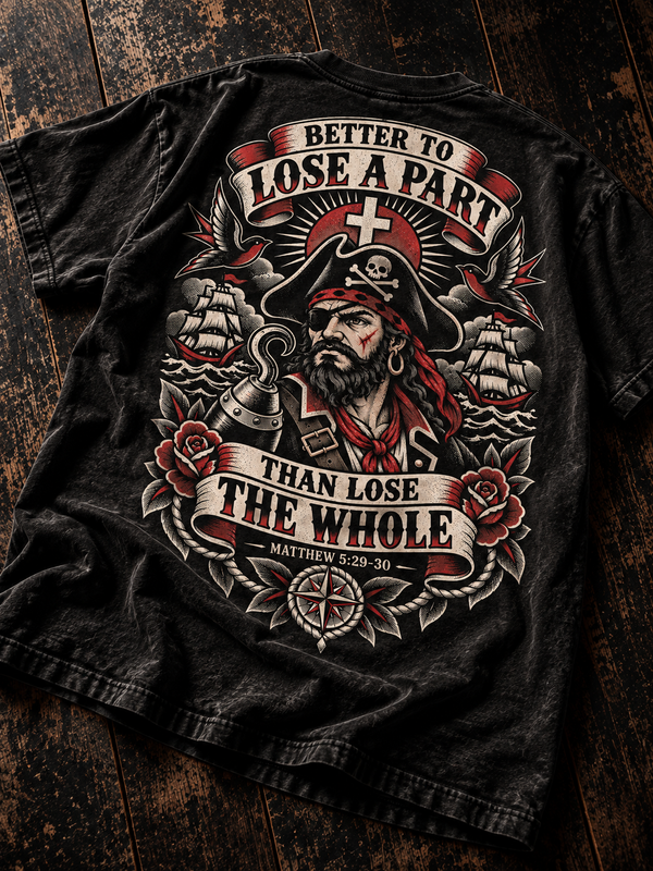 Better to Lose a Part Christian pirate shirt editorial flatlay
