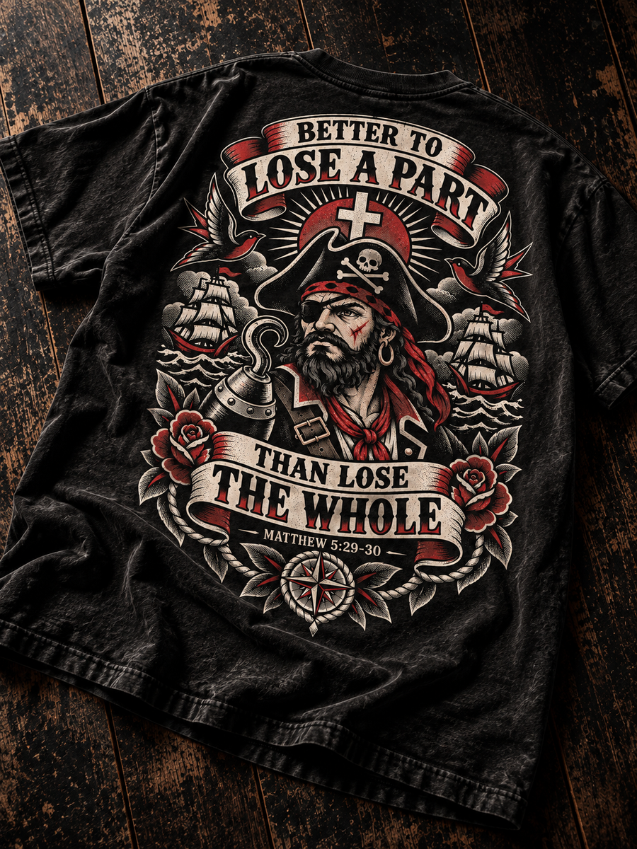 Better to Lose a Part Christian pirate shirt editorial flatlay