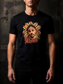 Model wearing the black The Raven Hotdogs tee, classic regular-fit Tultex 202 with Raven portrait chest print