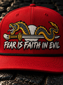 Close-up of the serpent, skull-hilt katana and FEAR IS FAITH IN EVIL embroidery on the red Nephilim Slayer rope hat