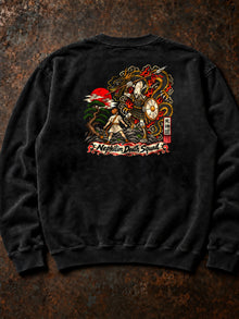 Back of the Pepper Nephilim Slayer Embroidered Sweatshirt: 12.5 in David vs Goliath design, PRINTED (DTG/screen print, not embroidered); only the front chest logo is embroidered