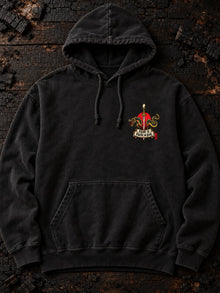 Front of Pepper Nephilim Slayer Hoodie with Fear Is Faith in Evil sword and serpent left chest print
