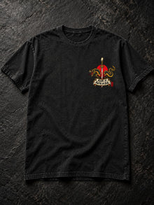 Front of black Nephilim Slayer T-Shirt with Fear Is Faith in Evil sword and serpent left chest print