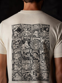 Close-up of the 12 x 18 in Nephy Comic Book Collage back print on an Ivory Tultex 202 tee: 20 NDS Comics covers including Nephy #1, Death Squad Assemble, Obey Submit Comply, Ophanim and Endgame