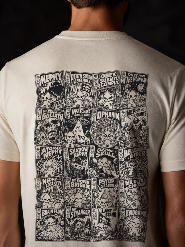 Close-up of the 12 x 18 in Nephy Comic Book Collage back print on an Ivory Tultex 202 tee: 20 NDS Comics covers including Nephy #1, Death Squad Assemble, Obey Submit Comply, Ophanim and Endgame