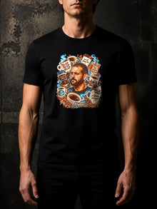 Model wearing the black Straight Bible Blap Blap Blap coffee graphic tee, classic regular-fit Tultex 202 with chest print