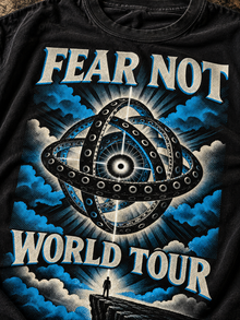 Fear Not World Tour 2.0 T-Shirt by TopLobsta, Comfort Colors 1717 black tee, Blue print front detail