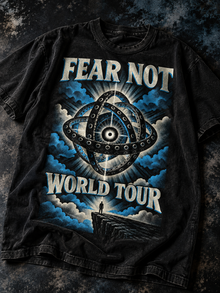 Fear Not World Tour 2.0 T-Shirt by TopLobsta, Comfort Colors 1717 black tee, Blue print editorial flatlay