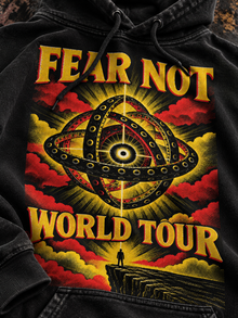 Fear Not World Tour 2.0 T-Shirt by TopLobsta, Comfort Colors 1717 black tee, Red print editorial