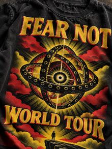 Fear Not World Tour 2.0 T-Shirt by TopLobsta, Comfort Colors 1717 black tee, Red print front detail