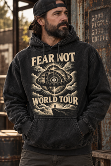 Fear Not World Tour 2.0 Hoodie by TopLobsta, black hoodie, Vintage print detail