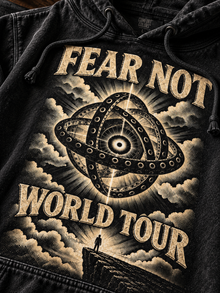 Fear Not World Tour 2.0 Hoodie by TopLobsta, black hoodie, Vintage print editorial flatlay