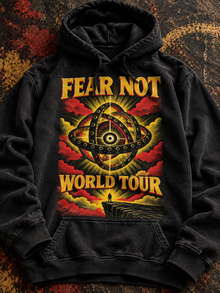 Fear Not World Tour 2.0 Hoodie by TopLobsta, black hoodie, Red print editorial flatlay