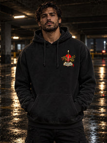 Model wearing the Pepper Nephilim Slayer Hoodie by Nephilim Death Squad, Fear Is Faith in Evil left chest