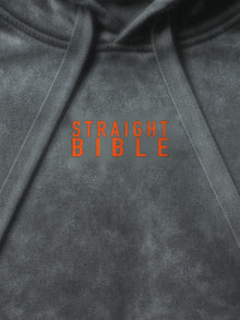 Orange Straight Bible chest print close-up on the At Thy Word Tishbite hoodie in Pepper