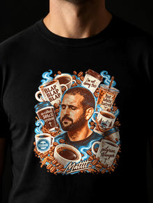 Close-up of the Blap Blap Blap coffee graphic tee chest print: Matt portrait surrounded by coffee cups with Mattttt signature