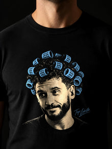 Close-up of the Play With My Emotions bootleg tee chest print: halftone portrait with blue hair rollers and TopLobsta signature