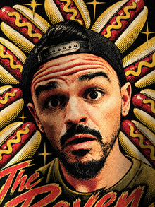 Print detail of The Raven Hotdogs NDS tee: halftone Raven portrait, hotdog halo and retro starbursts