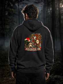 Man wearing the Pepper Nephilim Slayer Embroidered Hoodie, showing the printed (not embroidered) 12.5 in David vs Goliath back design