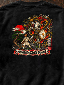 Upper back of the Pepper Nephilim Slayer crewneck: printed (DTG/screen print, not embroidered) 12.5 in David vs Goliath design with dragon and red sun