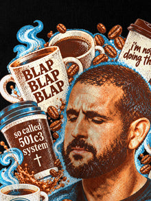 Print detail of the Straight Bible Blap Blap Blap tee: halftone portrait, BLAP BLAP BLAP mug and so called 501c3 system cup