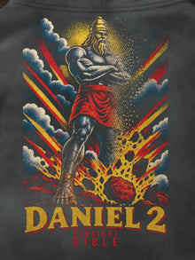 Daniel 2 statue and stone back print detail on the Straight Bible graphic hoodie in Pepper