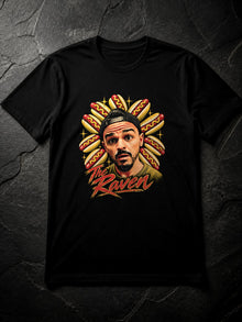Flat lay of the black The Raven Hotdogs Nephilim Death Squad graphic t-shirt on dark slate